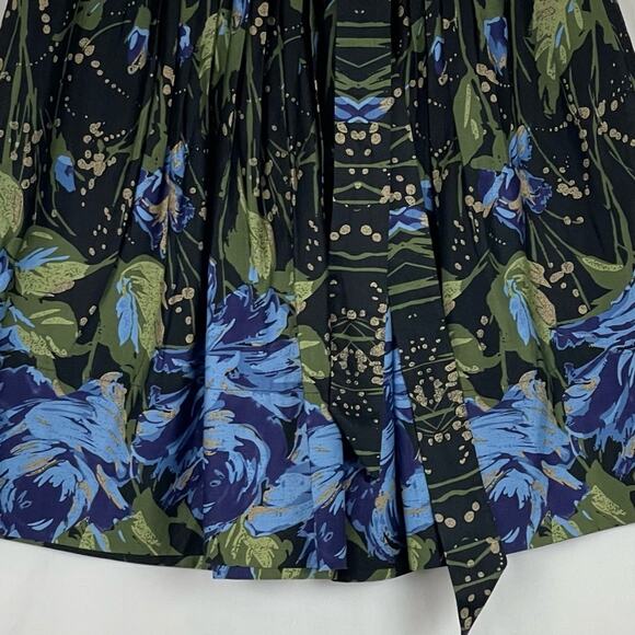 LOFT Navy Blue Green Gold Floral Pleated Boho Chic Full Skirt NWOT Size 4P - Picture 3 of 10